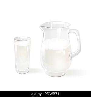 Le lait dans un pichet en verre et un verre sur un fond blanc Illustration de Vecteur