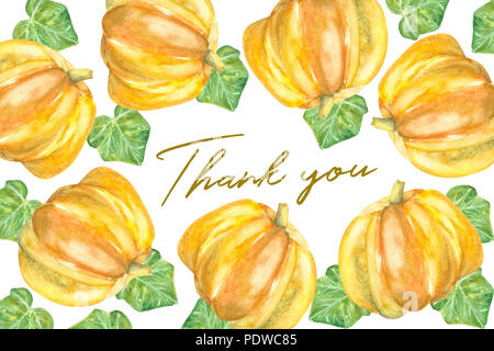 Merci d'or text isolé sur fond blanc décoré de feuilles et de citrouilles pumkins aquarelle Banque D'Images