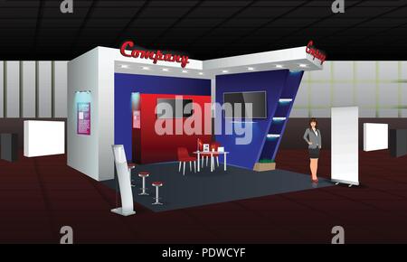 Stand d'exposition conception d'affichage avec les informations d'administration, rouler. Commerce vecteur modèle stand avec l'affichage de la maquette et identité d'éléments. Modèle unique de création. Illustration de Vecteur