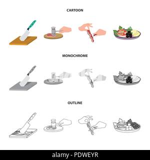 Cutlass sur une planche à découper, un marteau pour les côtelettes, la cuisson du bacon, la consommation de poisson et de légumes. Manger et cuisine collection icônes de cartoon,contours,mo Illustration de Vecteur