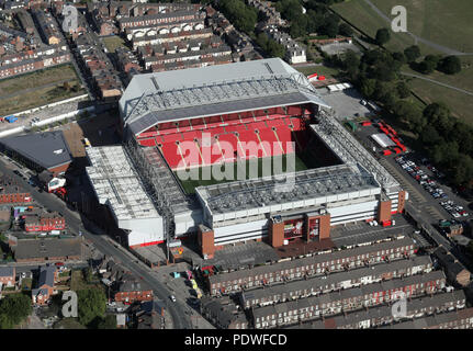 Vue aérienne de Liverpool FC Anfield Stadium, terrain de football de l'Angleterre Banque D'Images