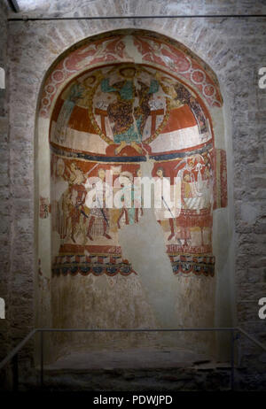 Ausmalung der südlichen Apsis. Martyrium von Thomas Becket aus dem 12. Jahrhundert. Église Santa Maria, der aus vorromanisc Kirchenfamilie à Terrassa Banque D'Images