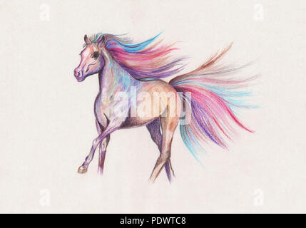 Illustration de dessin crayons de couleur fonctionnant avec cheval crinière luxuriante Banque D'Images