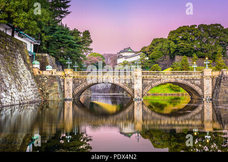 Tokyo, Japon, à l'Imperial Palace moat et le pont à l'aube. Banque D'Images