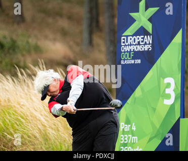 Gleneagles, Écosse, Royaume-Uni ; 10 août, 2018. La troisième journée de championnat d'Europe 2018 compétition à Gleneagles. Men's and Women's Team Championships Round Robin Phase Groupe. Quatre Match Play Ball format. Sur la photo ; Laura Davies de Grande-bretagne tees off sur le 3e trou du match contre la Belgique. Credit : Iain Masterton/Alamy Live News Banque D'Images