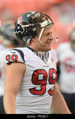 09 août 2018 : fin de défense des Houston Texans J.J. Watt (99) avant le jeu au cours de l'avant saison NFL Match de football entre les Texans de Houston et les Kansas City Chiefs au Arrowhead Stadium de Kansas City, Missouri. Kendall Shaw/CSM Banque D'Images