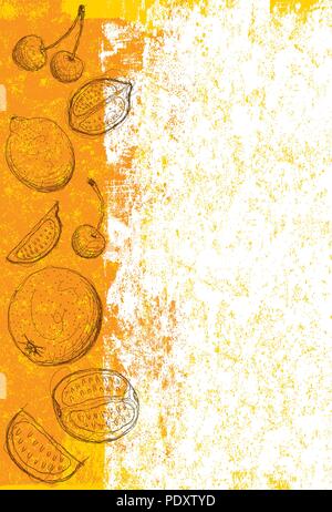 Arrière-plan de fruits mélangés. Sketchy, dessinés à la main, cerises, oranges, citrons verts et sur un fond abstrait. Illustration de Vecteur