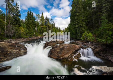 Fleuve sauvage avec cascade, près de Dawson Falls, parc provincial Wells Gray, British Columbia, Canada Banque D'Images