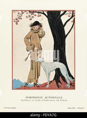 Symphonie automnale. Symphonie d'automne. Manteau et Robe d'après-midi, de valeur. Manteau et robe d'après-midi par valeur. Art-deco fashion illustration par l'artiste français George Barbier, 1882-1932. L'œuvre a été créée pour la Gazette du Bon Ton, un magazine de mode parisien publiés entre 1912-1915 et 1919-1925. Banque D'Images