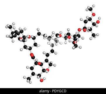 L'abamectine molécule insecticide. Le rendu 3D. Les atomes sont représentés comme des sphères avec le codage couleur classiques : l'hydrogène (blanc), carbone (noir), l'oxygène (rouge), l'azote (bleu). Banque D'Images