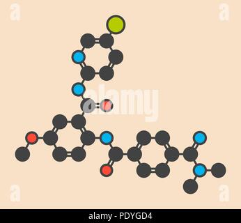 Betrixaban anticoagulant molécule. Formule topologique stylisé (structure chimique) : les atomes sont représentés par des cercles de couleur : l'hydrogène (caché), carbone (gris), l'azote (bleu), l'oxygène (rouge), le chlore (vert). Banque D'Images