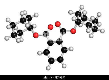 Phtalate dicyclohexyl (DCP) molécule de plastifiant. Le rendu 3D. Les atomes sont représentés comme des sphères avec le codage couleur classiques : l'hydrogène (blanc), carbone (noir), l'oxygène (rouge). Banque D'Images