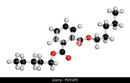 Di-n-pentyl phtalate (DNPP) molécule de plastifiant. Le rendu 3D. Les atomes sont représentés comme des sphères avec le codage couleur classiques : l'hydrogène (blanc), carbone (noir), l'oxygène (rouge). Banque D'Images