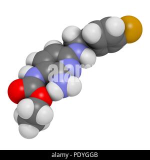 Flupirtine molécule analgésique. Le rendu 3D. Les atomes sont représentés comme des sphères avec le codage couleur classiques : l'hydrogène (blanc), carbone (gris), l'azote (bleu), l'oxygène (rouge), le fluor (or). Banque D'Images