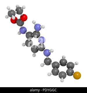 Flupirtine molécule analgésique. Le rendu 3D. Les atomes sont représentés comme des sphères avec le codage couleur classiques : l'hydrogène (blanc), carbone (gris), l'azote (bleu), l'oxygène (rouge), le fluor (or). Banque D'Images