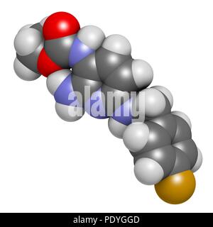 Flupirtine molécule analgésique. Le rendu 3D. Les atomes sont représentés comme des sphères avec le codage couleur classiques : l'hydrogène (blanc), carbone (gris), l'azote (bleu), l'oxygène (rouge), le fluor (or). Banque D'Images