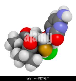 Lumicitabine le virus respiratoire syncytial (VRS) molécule pharmaceutique. Le rendu 3D. Les atomes sont représentés comme des sphères avec le codage couleur classiques : l'hydrogène (blanc), carbone (gris), l'azote (bleu), l'oxygène (rouge), le fluor (gold), le chlore (vert). Banque D'Images