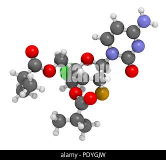 Lumicitabine le virus respiratoire syncytial (VRS) molécule pharmaceutique. Le rendu 3D. Les atomes sont représentés comme des sphères avec le codage couleur classiques : l'hydrogène (blanc), carbone (gris), l'azote (bleu), l'oxygène (rouge), le fluor (gold), le chlore (vert). Banque D'Images