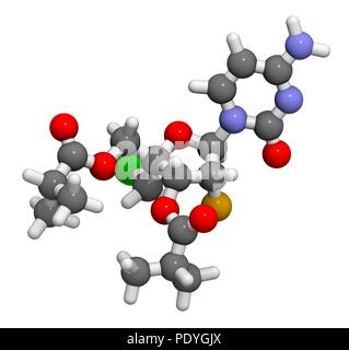 Lumicitabine le virus respiratoire syncytial (VRS) molécule pharmaceutique. Le rendu 3D. Les atomes sont représentés comme des sphères avec le codage couleur classiques : l'hydrogène (blanc), carbone (gris), l'azote (bleu), l'oxygène (rouge), le fluor (gold), le chlore (vert). Banque D'Images