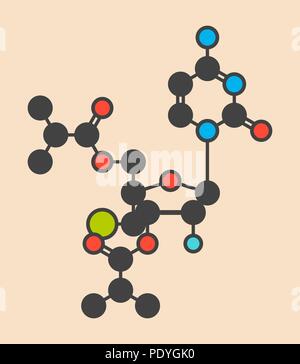 Lumicitabine le virus respiratoire syncytial (VRS) molécule pharmaceutique. Formule topologique stylisé (structure chimique) : les atomes sont représentés par des cercles de couleur : l'hydrogène (caché), carbone (gris), l'azote (bleu), l'oxygène (rouge), le fluor (cyan), le chlore (vert). Banque D'Images