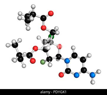 Lumicitabine le virus respiratoire syncytial (VRS) molécule pharmaceutique. Le rendu 3D. Les atomes sont représentés comme des sphères avec le codage couleur classiques : l'hydrogène (blanc), carbone (noir), l'azote (bleu), l'oxygène (rouge), le fluor (vert clair), le chlore (vert). Banque D'Images