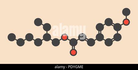 Octyl methoxycinnamate (octinoxate) molécule d'un écran solaire. Formule topologique stylisé (structure chimique) : les atomes sont représentés par des cercles de couleur : l'hydrogène (caché), carbone (gris), l'oxygène (rouge). Banque D'Images