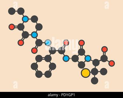 Antibiotique pipéracilline molécule pharmaceutique. Formule topologique stylisé (structure chimique) : les atomes sont représentés par des cercles de couleur : l'hydrogène (caché), carbone (gris), l'azote (bleu), l'oxygène (rouge), le soufre (jaune). Banque D'Images
