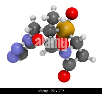Tazobactam molécule pharmaceutique. Inhibiteur des bêta-lactamases bactériennes enzymes. Le rendu 3D. Les atomes sont représentés comme des sphères avec le codage couleur classiques : l'hydrogène (blanc), carbone (gris), l'azote (bleu), l'oxygène (rouge), le soufre (jaune). Banque D'Images