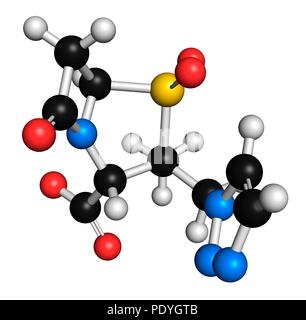 Tazobactam molécule pharmaceutique. Inhibiteur des bêta-lactamases bactériennes enzymes. Le rendu 3D. Les atomes sont représentés comme des sphères avec le codage couleur classiques : l'hydrogène (blanc), carbone (noir), l'azote (bleu), l'oxygène (rouge), le soufre (jaune). Banque D'Images