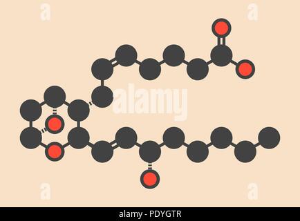 Le thromboxane A2 (TXA2) molécule. Formule topologique stylisé (structure chimique) : les atomes sont représentés par des cercles de couleur : l'hydrogène (caché), carbone (gris), l'oxygène (rouge). Banque D'Images