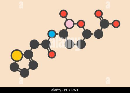 Vaborbactam molécule pharmaceutique. Les bêta-lactamases co-administré avec le méropenem pour bloquer la dégradation de ce dernier par carbapenemase enzymes. Formule topologique stylisé (structure chimique) : les atomes sont représentés par des cercles de couleur : l'hydrogène (caché), carbone (gris), l'azote (bleu), l'oxygène (rouge), le soufre (jaune), le bore (rose). Banque D'Images