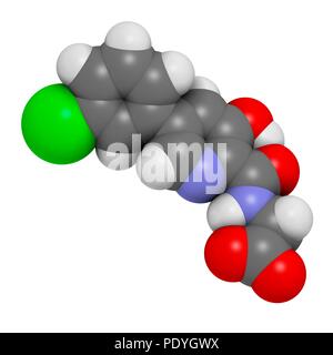 Vadadustat molécule pharmaceutique. Le rendu 3D. Les atomes sont représentés comme des sphères avec le codage couleur classiques : l'hydrogène (blanc), carbone (gris), l'azote (bleu), l'oxygène (rouge), le chlore (vert). Banque D'Images