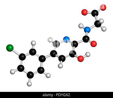 Vadadustat molécule pharmaceutique. Le rendu 3D. Les atomes sont représentés comme des sphères avec le codage couleur classiques : l'hydrogène (blanc), carbone (noir), l'azote (bleu), l'oxygène (rouge), le chlore (vert). Banque D'Images