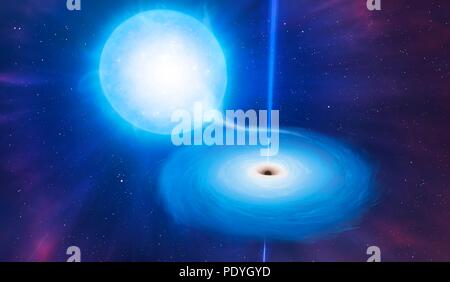 Vue d'artiste d'un X-ray binary. Ces systèmes d'étoiles binaires comprennent un boîtier compact Star (étoile à neutrons ou, comme ici, un trou noir) qui est en orbite sur un plus grand compagnon (dans ce cas, une géante bleue). Le compact star faussent le compagnon et tire le gaz de son atmosphère. Les tourbillons de gaz autour de l'objet compact formant un disque d'accrétion. Les jets de particules sont parfois émis par le centre de ce disque, ce qui rend les systèmes superficiellement similaire à la beaucoup plus grande et de totalement différent des quasars. Banque D'Images