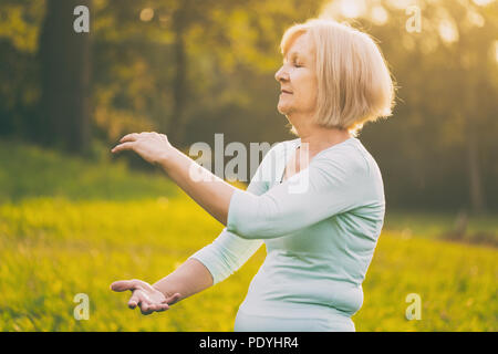 Senior woman bénéficie d'exercice Tai Chi dans la nature.Image est volontairement tonique. Banque D'Images