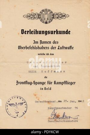 Certificat remis à Willi Feldwebel Hoffmann, de 5. La Kampfgeschwader