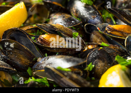 Des moules vapeur et le bouillon avec du pain Banque D'Images