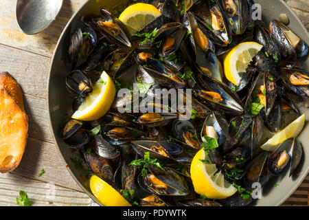 Des moules vapeur et le bouillon avec du pain Banque D'Images