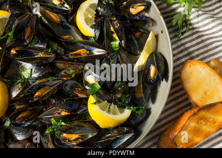 Des moules vapeur et le bouillon avec du pain Banque D'Images