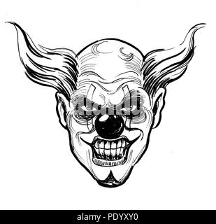 Visage de clown maléfique. Cartoon noir et blanc Encre Banque D'Images