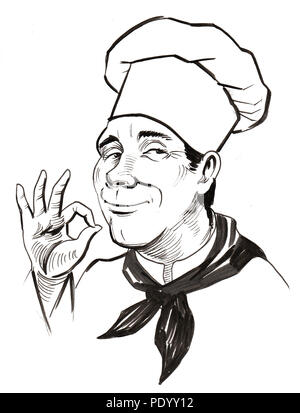 Caractère Chef montrant o.k. signe. Illustration noir et blanc Encre Banque D'Images