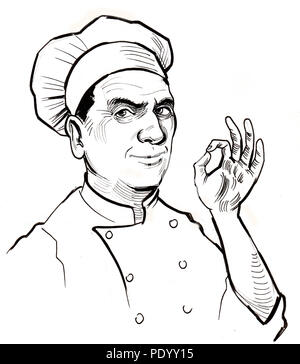 Chef showing o.k. signe. Noir et blanc Encre illustrartion Banque D'Images