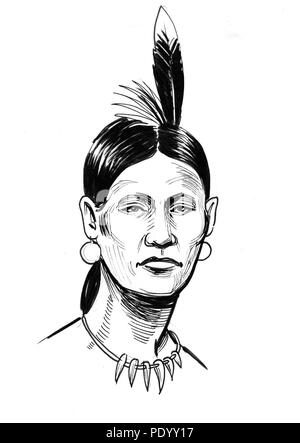 Native American Warrior. Illustration noir et blanc Encre Banque D'Images