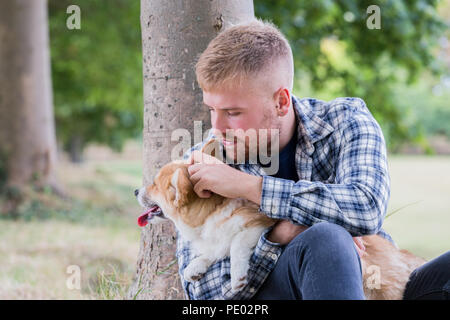 4 mois chiot Welsh Corgi Pembroke sur une marche avec son propriétaire à la campagne, dans l'Oxfordshire, UK Banque D'Images