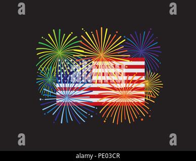 D'artifice sur USA drapeau américain pour le Nouvel An ou jour de l'Indépendance 4 juillet célébration couleur sur fond noir illustration Illustration de Vecteur