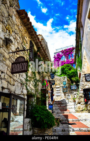 Magasins de rues pavées et le charmant village d'Eze sur la côte d'Azur Banque D'Images