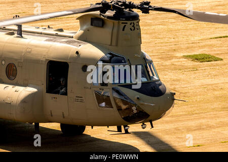 Un CH-47 Chinook de l'armée américaine se prépare au décollage de l'hélicoptère pendant 2018 Leapfest à l'université de Rhode Island à West Kingston, R.I., 5 août 2018. Est le plus grand, le Leapfest plus ancien de l'international, formation en parachutisme en ligne statique de la concurrence et de l'événement organisé par le 56e commandement de troupes, la Garde nationale de Rhode Island, à promouvoir la formation technique de haut niveau et l'esprit de corps au sein de la communauté dans l'internationale. Plus de 300 parachutistes de neuf pays différents y participeront cette année. (U.S. Photo de l'armée par le sergent. Justin P. Morelli) Banque D'Images