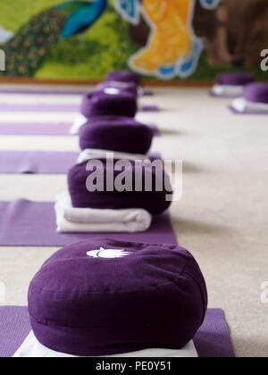 De couleur violet tapis de yoga et yoga coussin dans une salle de yoga. Banque D'Images