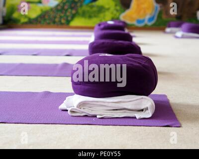 De couleur violet tapis de yoga et yoga coussin dans une salle de yoga. Banque D'Images