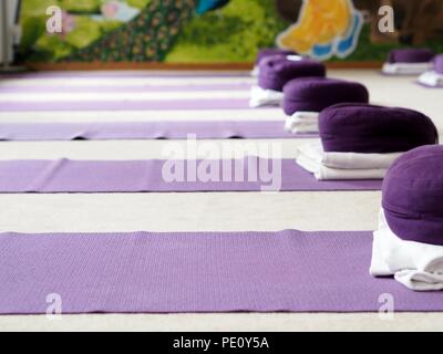 De couleur violet tapis de yoga et yoga coussin dans une salle de yoga. Banque D'Images